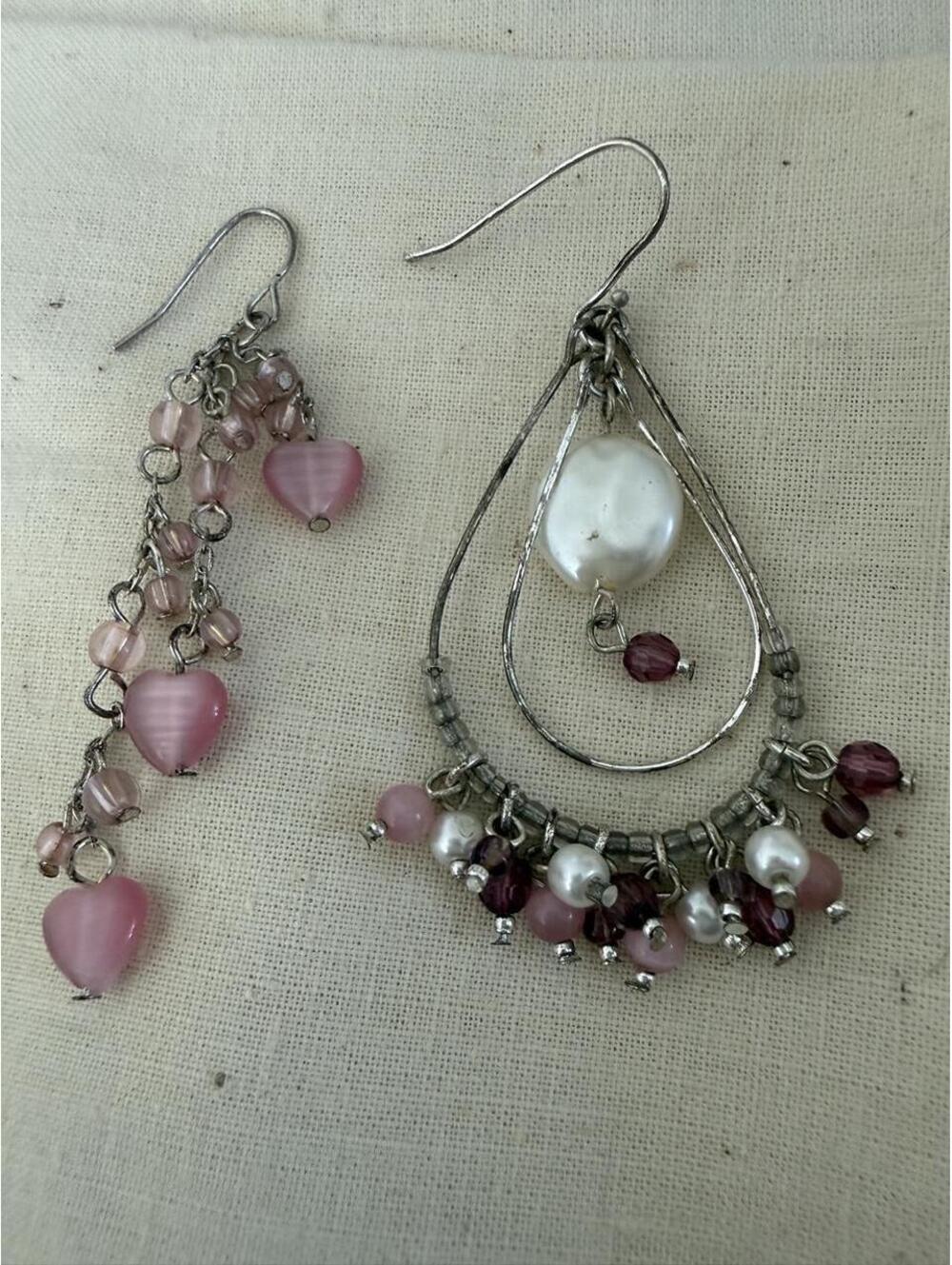Silver Tone Pink Mismatched Dangle Earrings